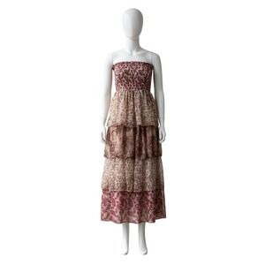 Audry Park Pink Floral Patchwork Boho Paisley Tiered Smocked Maxi Dress Small